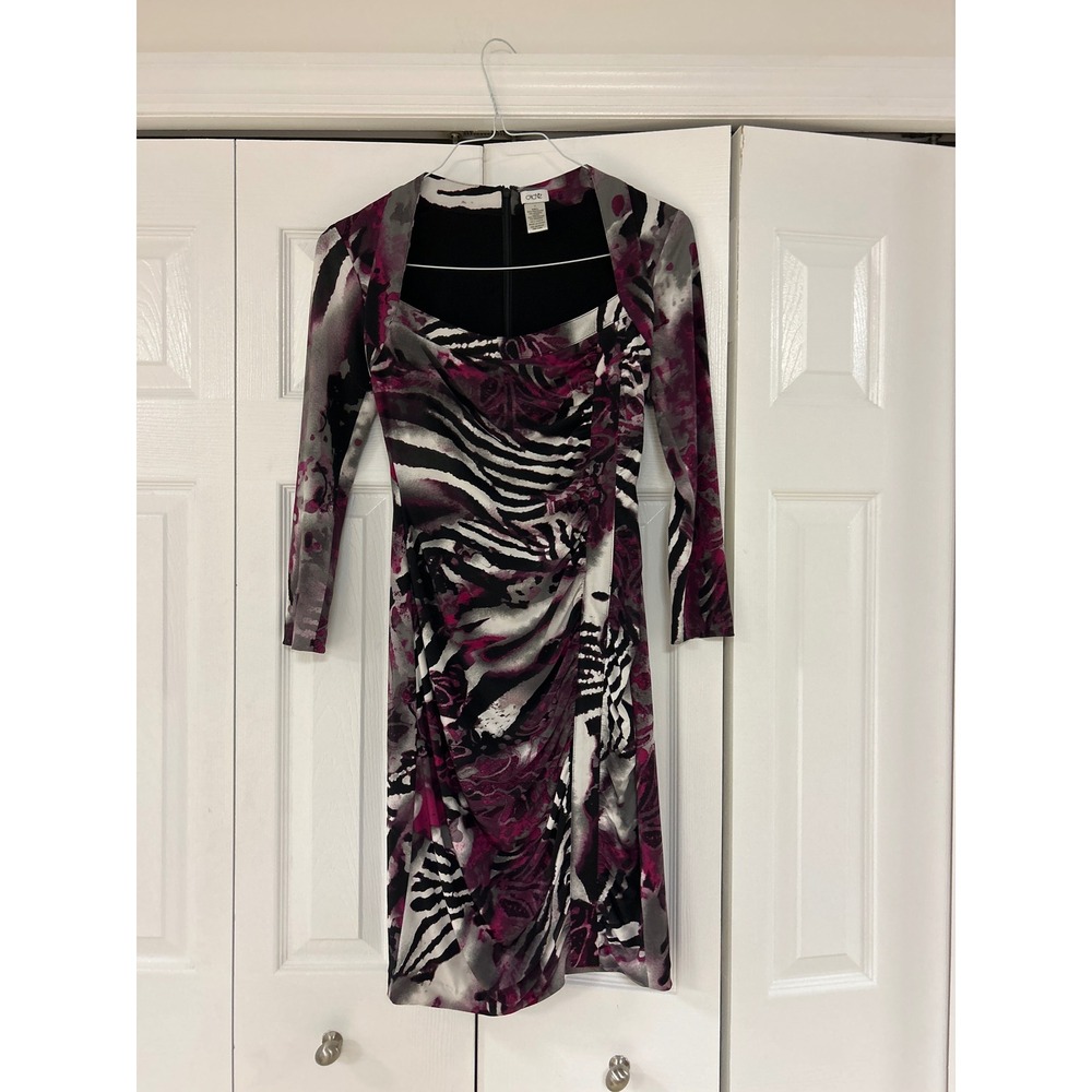 Cache Women Magenta Grey Zebra Abstract Print Ruched Sheath Dress Sz 4 Long Slv